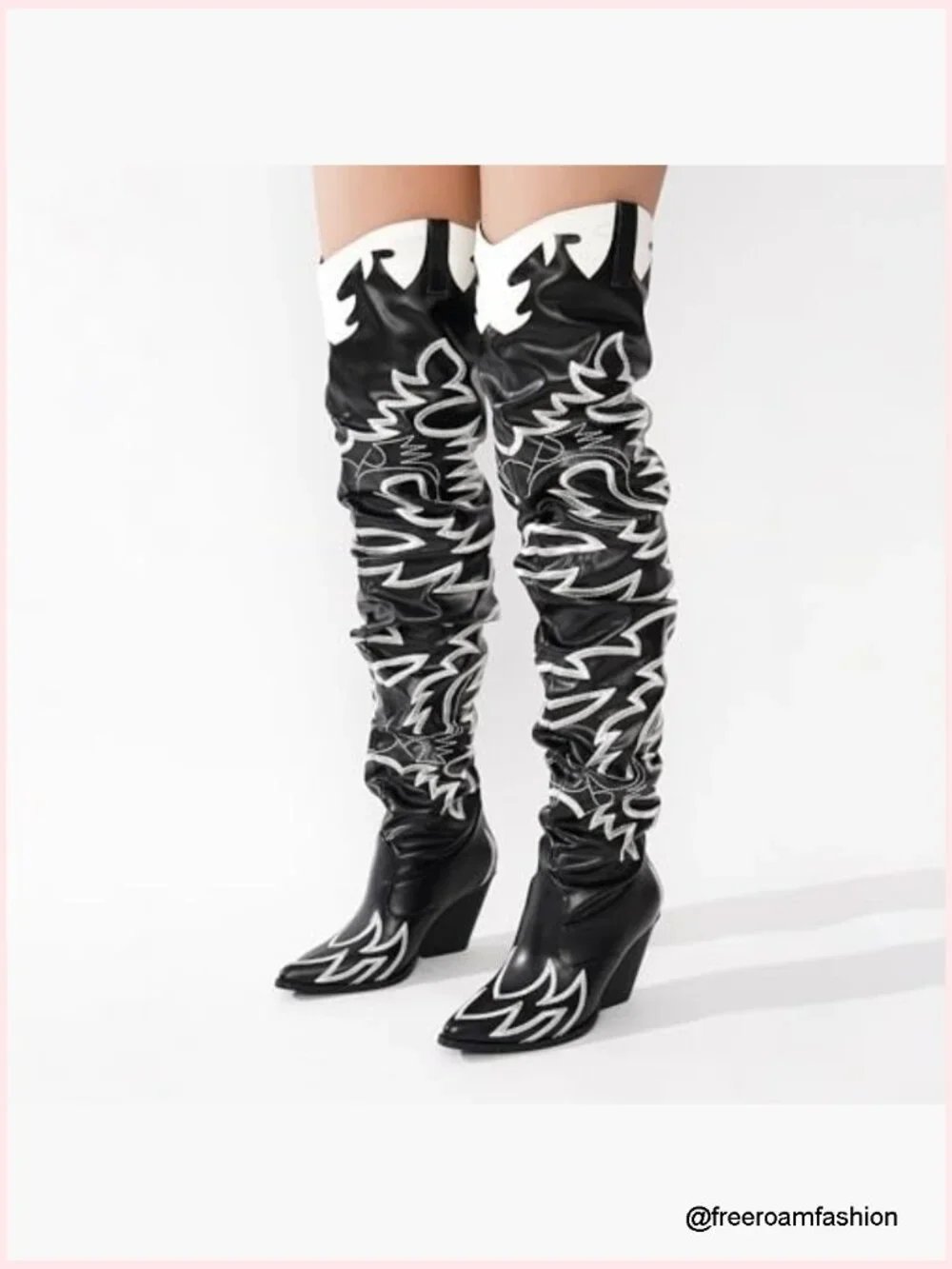 Western Over the Knee Boots Chunky Heel Faux Leather Embroidered Pull On